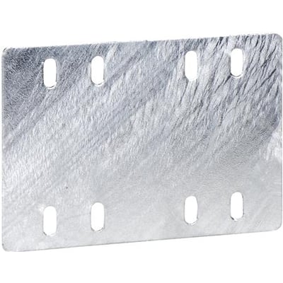 Schneider Electric samlebeslag i FZS-materiale, 60x150 mm, med otte monteringshuller på let tekstureret metallisk overflade.