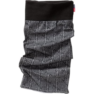Fristads halsedisse 125027 i sort og grå, onesize, lavet af 100% polyester med mikrofleece og et unikt print med 'WORK WEAR KANSAS' tekst.