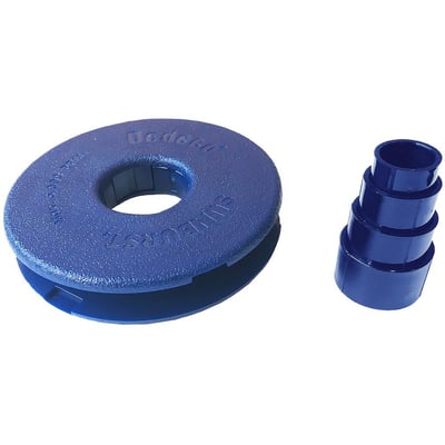 Blå Tyrolit-flange til radialbørste, 152 x 25,4 mm, med centerhul og trinvist adapterstykke.
