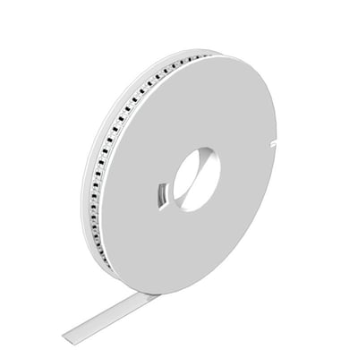 Hvidt klemmemærke fra Weidmüller, 12 × 6,5 mm, vist som en strimmel rullet op på en spole.