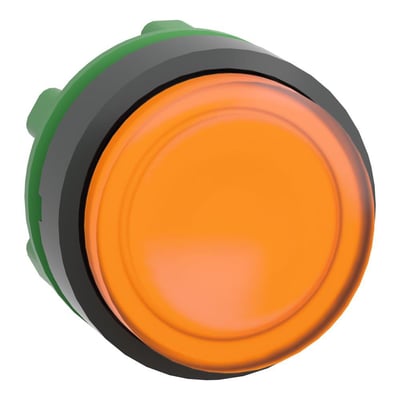 Schneider Electric ZB5 LED lampetrykhoved i orange med sort kunststof frontring og grøn bagmontering, vist på hvid baggrund.