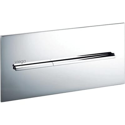 Viega Visign for More 104 betjeningsplade i aluminium forkromet med en elegant, aflang trykknap i midten på hvid baggrund.