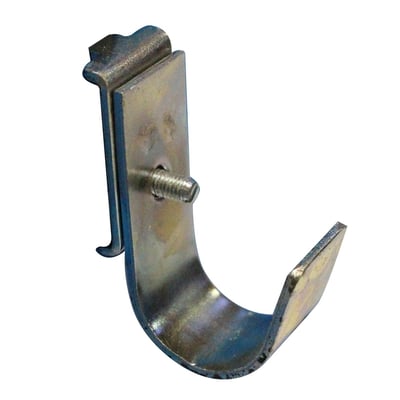 Maskinfabrikken Universal bøjle i fladstål, 2 x 20 mm med enkelt bagplade og bolt på hvid baggrund.