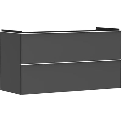 Frontvisning af Hansgrohe Xelu Q vaskeskab i mat diamantgrå med to skuffer og en slank, horisontal aluminiumsgreb.