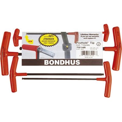 Bondhus ProHold T-håndtag sekskantnøglesæt i størrelserne 2-10 mm med fire nøgler vist. Emballagen fremhæver 20% styrke og kuglehoved.