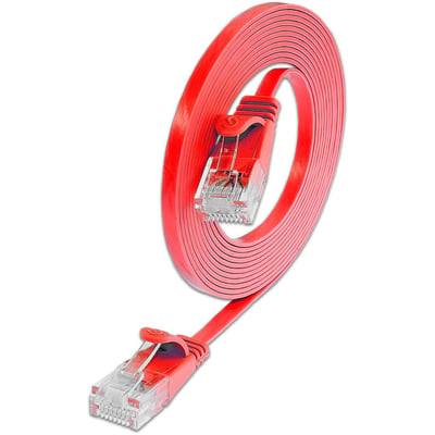 SLIM Flat U/UTP Kat.6 patchkabel på 20 meter i rød PVC, med tydelig visning af RJ45 stik og fladt kabeldesign.