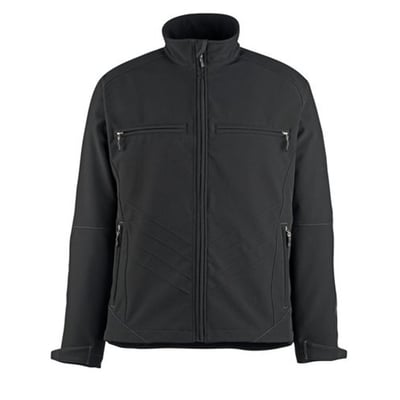 Mascot Dresden softshell jakke i sort, vist forfra med alle lynlåse og lommer tydeligt fremhævet. Jakken er fremstillet i 100% polyester.