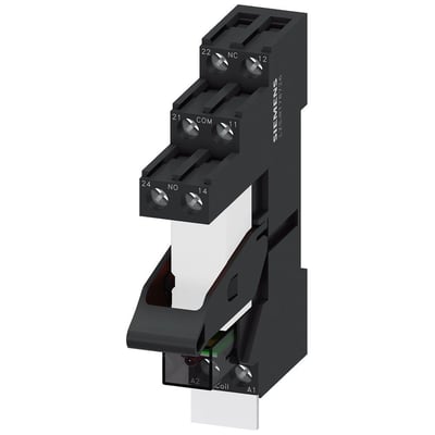 Siemens stikbensrelæ RT3 med 1 skiftekontakt, 24V DC, rød LED og skrueklemme.