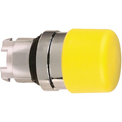Schneider Electric Harmony Style 4 paddetryk i gul med 30 mm diameter og fjeder-retur funktion, vist fra siden på hvid baggrund.