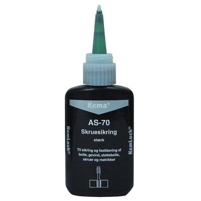 Nærbillede af Kemlock AS-70 flaskens grønne dyse med skruesikringsvæske, klar til brug.