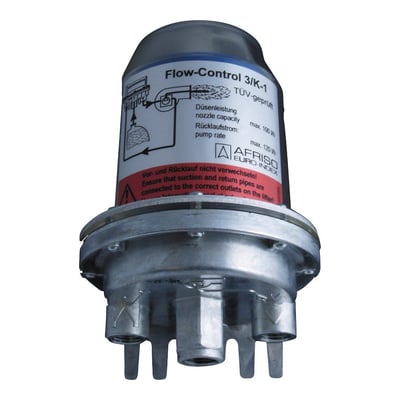 Watts olieaflufter, Flow Control 3K, med 1/4" gevind og TÜV godkendelse, vist med tekniske diagrammer på etiketten.