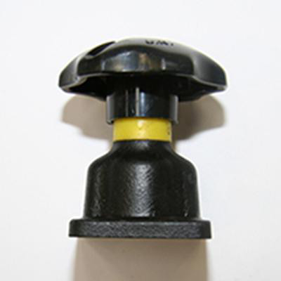 Saunders overdel type A, DN15/½" i sort plast og støbejern med gult bånd og firkantet flance.