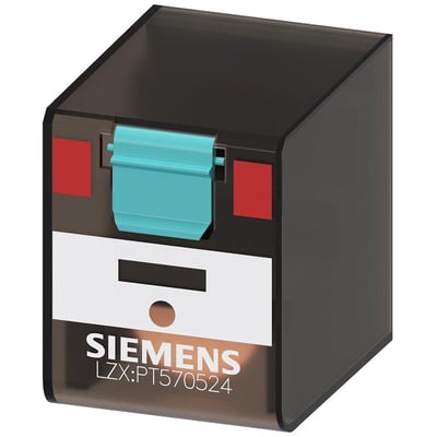 Siemens stikbensrelæ PT5, 4CO, 24V, 6A og 22,5mm bredde, med tydelig Siemens logo og produktinformation på sort hus.