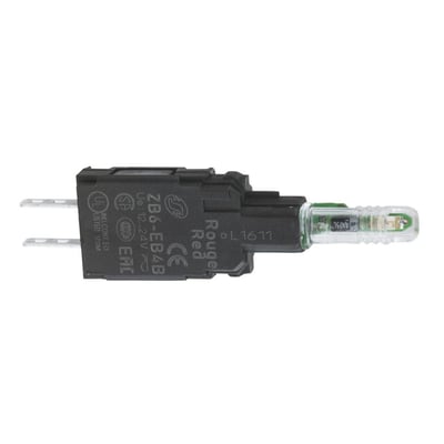 Schneider Electric lampehus Ø16mm med integreret gul LED og 230V drift, vist på hvid baggrund.