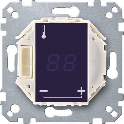 Lauritz Knudsen Merten termostat indsats med touchdisplay, viser temperatur og kontrolikoner, monteret på metalkrog.
