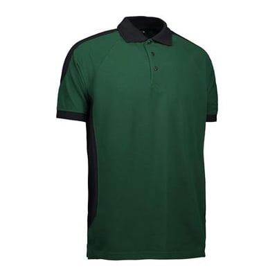 ID Identity Poloshirt Pro i flaskegrøn med sorte detaljer, størrelse L, vist forfra med en hvid baggrund.