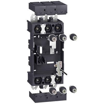 Schneider Electric plug-in sæt til NSX400-630 3-polede enheder, vist i adskilt tilstand for detaljeret montagevisning.