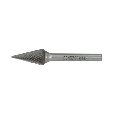 Norton hårdmetalfræser i form M med riflet skærehoved og lige skaft, vist fra siden; 12 x 22 mm.