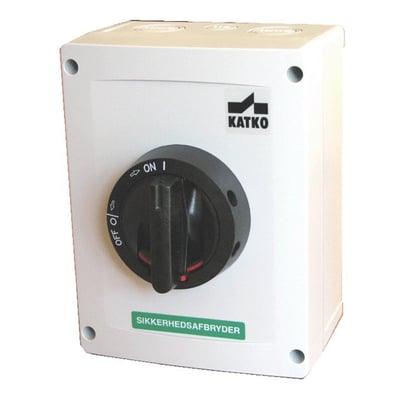 Katko 3-polet reparationsafbryder på 63A, grå/sort med drejeknap og 'SIKKERHEDSAFBRYDER' mærkat, vist fra siden.