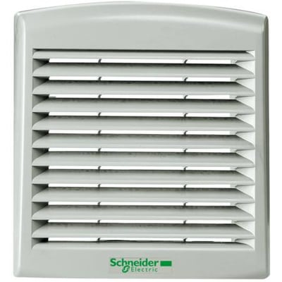 Schneider Electric ClimaSys filter med udvendige mål på 268x248 mm og udskæring på 223x223 mm i RAL7035 plast.