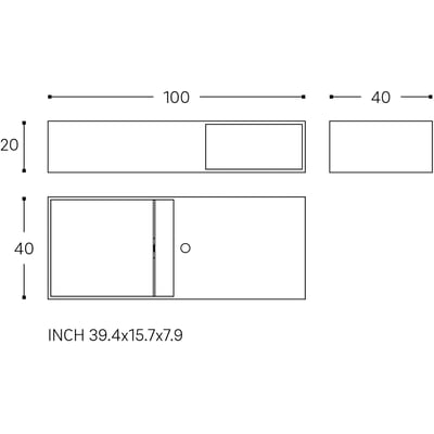 Teknisk tegning af Cosmic firkantet håndvask/opbevaring i hvid mat mineral komposit, med dimensioner i mm og inch.