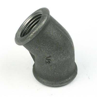 Unico sort 45 graders vinkel med 3/8" gevind i begge muffeender fremstillet af blødstøbt jern.