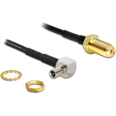 DeLOCK sort antennekabeladapter med vinklet TS-9-hanstik, lige SMA-hunstik og kort RG174-kabel.