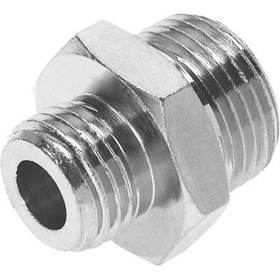 Festo dobbeltnippel NPFC-D-G14-G38-M med messing og forniklet gevindfitting. Fungerer med tryk fra -0,95 til 50 bar.
