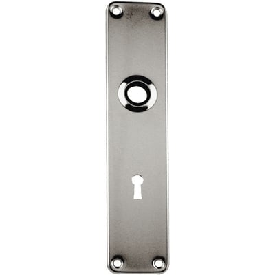 Langskilt fra Assa Abloy, Ruko rs Danz. 311-8, med aflang sølvfarvet plade, skruehuller samt åbninger til greb og nøgle.