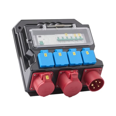 Heatcom byggepladstavle med 4 blå Schuko 230V/32A stik og 2 røde CEE 400V/16A stik.