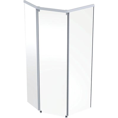 Ifö Showerama femkantet frontelement i hvid/klar alu med målene 900 x 800 mm, vist på hvid baggrund.