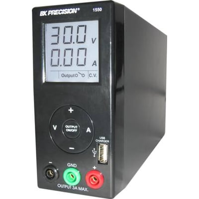 Elma Instruments BK1550 strømforsyning i sort med et stort digitalt display der viser 30.0V og 0.00A. Touch kontrol til justering.