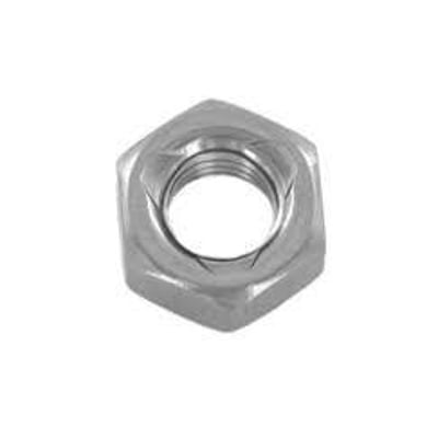 M8 DIN 980-V A2 helmetallisk klem-låsemøtrik i rustfrit stål, vist isoleret mod hvid baggrund.