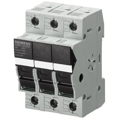 Siemens SENTRON sikringsholder, 3-polet, 30A og 600V, i klasse CC. Fremstillet af grå og sort plast med hvide mærkater.