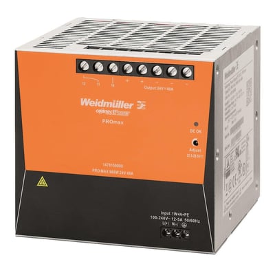 Weidmüller PROmax strømforsyning, 960W, 48VDC, 20A, med orange front og detaljeret mærkning af indgange og udgange.