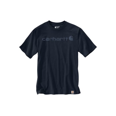 Carhartt Dearborn relaxed t-shirt i navy, str. S, set forfra med kortærmer og stort logo på brystet.