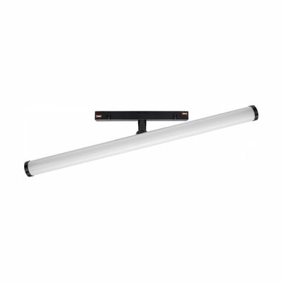 SpectrumLED SHIFT Beam skinnelys på 12 W med lang, hvid lysflade og sort skinnemontering, set skråt forfra.