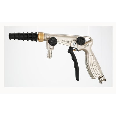 FLAIR 26/LR vaskepistol til luft og vand, fremstillet af forniklet aluminium med sorte greb og justeringsknapper.