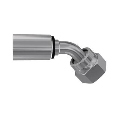 Parker 1J748-12-8 ORFS-påpresningsfitting i kromatiseret stål, set skråt med buet rør, omløber og sekskantet møtrik.