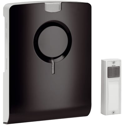 Grothe trådløs ringeklokke Echo i sort med hvid trykknap, vist på hvid baggrund.