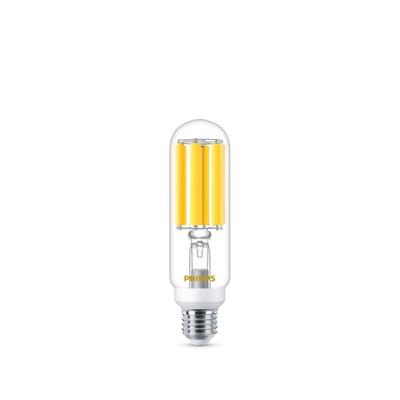 Philips Master Ultra Efficient SON-T LED-lyskilde med klar, aflang pære, synlige LED-filamenter og E27-sokkel.