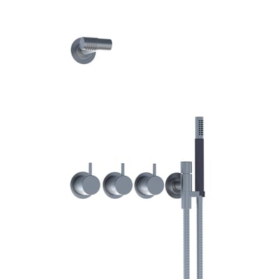 Vola indbygningstermostat med tre drejeknapper og en håndbruser på stålholder, monteret på hvid baggrund.