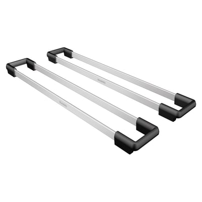 To Blanco Etagon køkkenvask tilbehørsrør i børstet aluminium med sorte endestykker, vist på hvid baggrund.