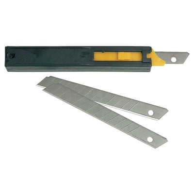 Ironside knæk-af-knivblade i SK5, 18 mm, vist sammen med en sort dispenser med gul skyder.
