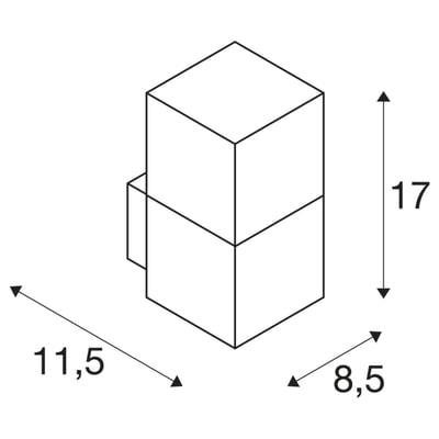 Skitse af SLV GRAFIT 90 væglampe med angivelse af dimensioner: højde 17 cm, bredde 8,5 cm og dybde 11,5 cm.