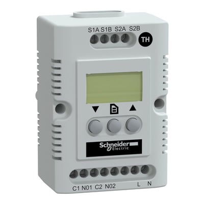 Vinklet billede af Schneider Electric ClimaSys elektronisk termostat med fokus på det digitale display og knapperne, vist på en lys baggrund.
