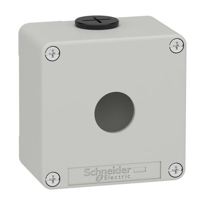 Schneider Electric trykknapkasse i grå metal med et enkelt Ø22 mm hul og Schneider Electric logo på fronten.