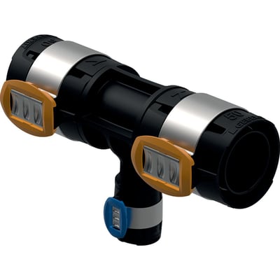 Geberit FlowFit T-stykke reduceret i sort PPSU med dimensioner 75-40-75mm og synlige orange og blå låseclips.