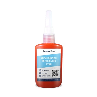 Pureno skruesikring Soft, 50 ml, i en rød flaske med hvid doseringsspids og etiket for svag gevindlåsning.