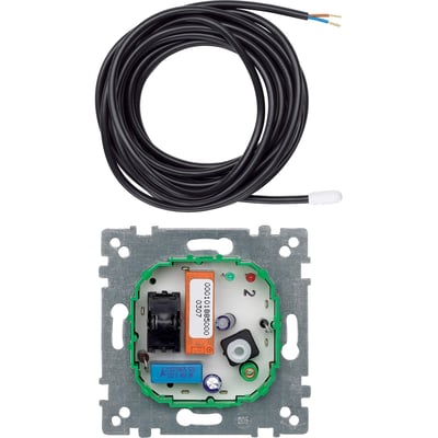 Schneider Electric Merten gulvvarmetermostat med afbryder og føler, set bagfra med sort følerkabel og synlig indsats.